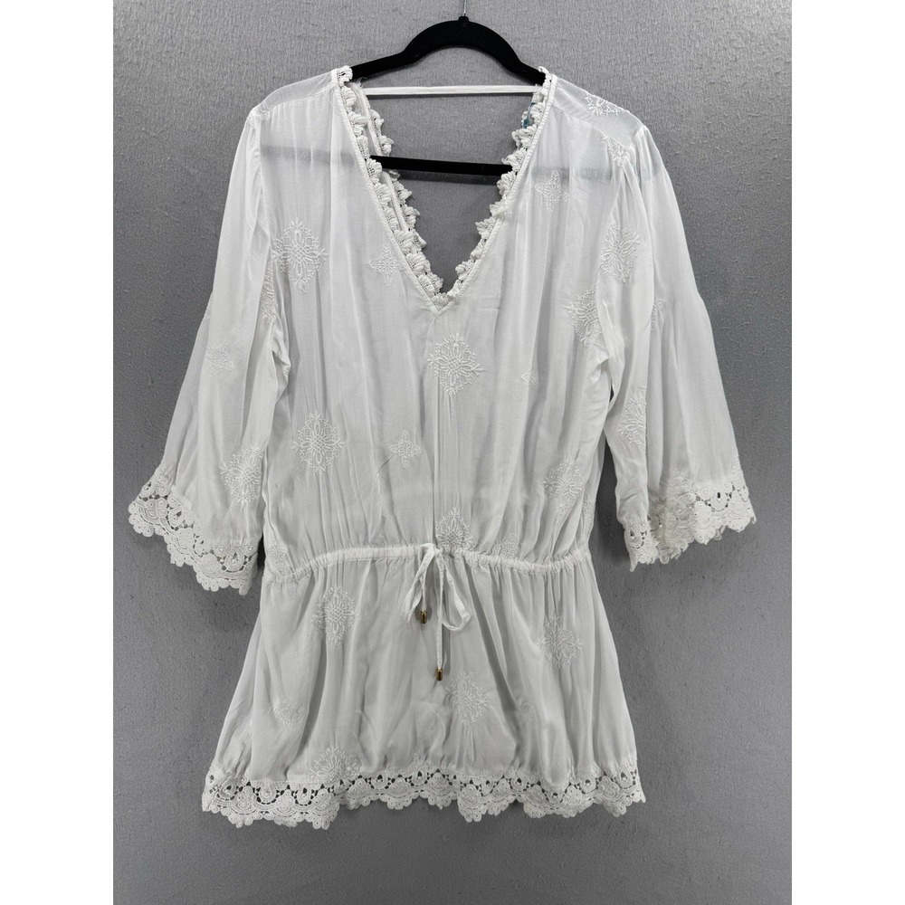 Blue Island Cover-Up Dress Size L Embroidered V-Neck Bell Sleeve Beachy Coastal‎